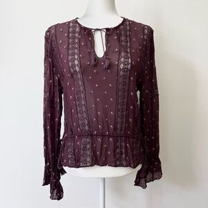 ULLA JOHNSON Elke Embroidered Georgette Blouse Sheer Top Long Sleeve Wine Size 6